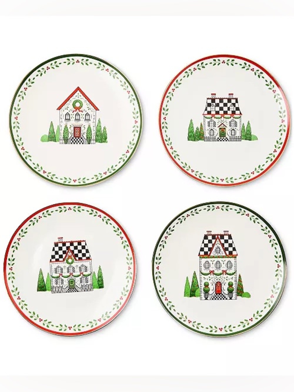 MacKenzie-Childs Holly Village Ceramic Dessert Plates Set of 4 Christmas 8”